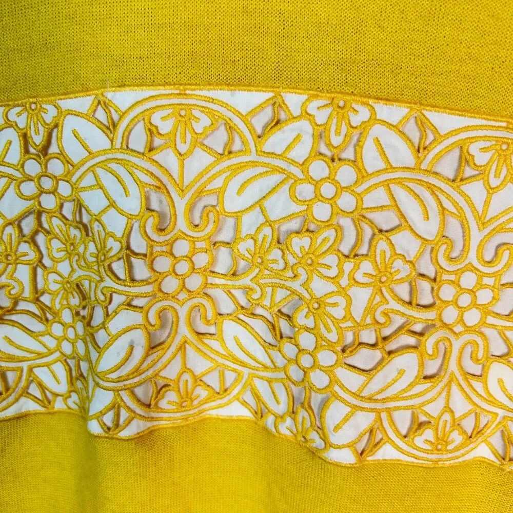 Tory Burch Womens Yellow Merino Wool Embroidered White Collared LS Sweater Sz M